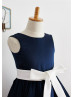 Navy Blue Ivory Satin Stripes U Back Flower Girl Dress
